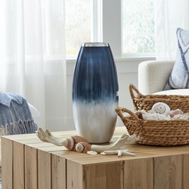 18" Glass Vase - Glass and Aluminum Vase - Blue and White Ombre Design - Contemporary Glam Home or Office Decorative Table Accent