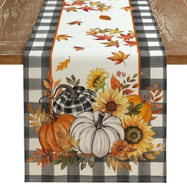 ARKENY Fall Buffalo Plaid Pumpkin Table Runner 13x72 Inches, Orange Maple Leaf Thanksgiving Holiday Indoor Outdoor Table Decoration for Home
