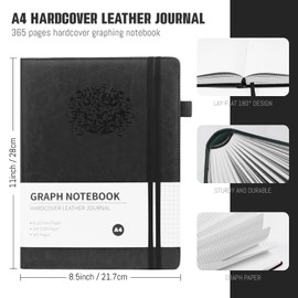 Rinrda Graph Paper Notebook 8.5x11 Hardcover Leather Journal For Women,365 Pages Graph Journal A4 Black Graphing Notebook for Work, School,Engineering,Thick Grid Notebook For Men