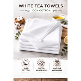 3Cube 100% Cotton Tea Towels (Pack of 5) – 220 GSM White Cleaning Cloths,Ultra Absorbent, Durable & Machine Washable. Lint Free Glass Polishing Cloths – Professional Kitchen & Catering Use.