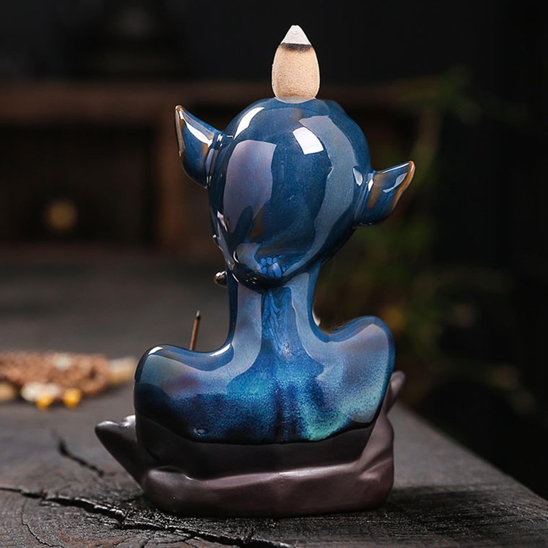 Blue Glaze Elf and Black Rose Ceramic Ornament, Backflow Incense