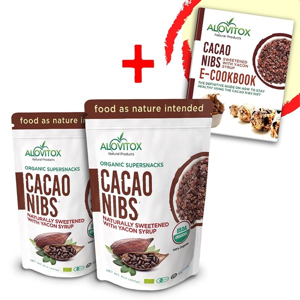 Cacao Nibs Naturally Sweetened with Yacon Syrup | Raw Organic, Sugar Free, Keto, Paleo and Vegan Friendly | Antioxidant and Protein Rich Criollo Chocolate Snack by Alovitox | 16 oz (2 x 8 oz)