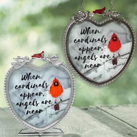 Memorial Cardinal Suncatcher Candle Holder Gift Set - When Cardinals Appear Angels are Near Saying - Heart Shaped Glass Sun Catcher and Tealight Holder with Cardinals and Winter Scene