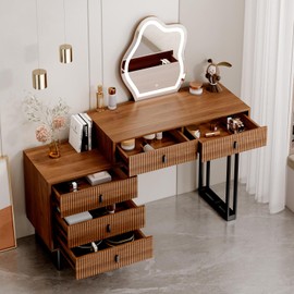 Ieejdn Vanity Desk with Mirror and Lights,Small Makeup Vanity with 5 Large Drawer, Makeup Desk with 3 Color Lighting Modes Adjustable Brightness,Dressing Table for Bedroom,Brown