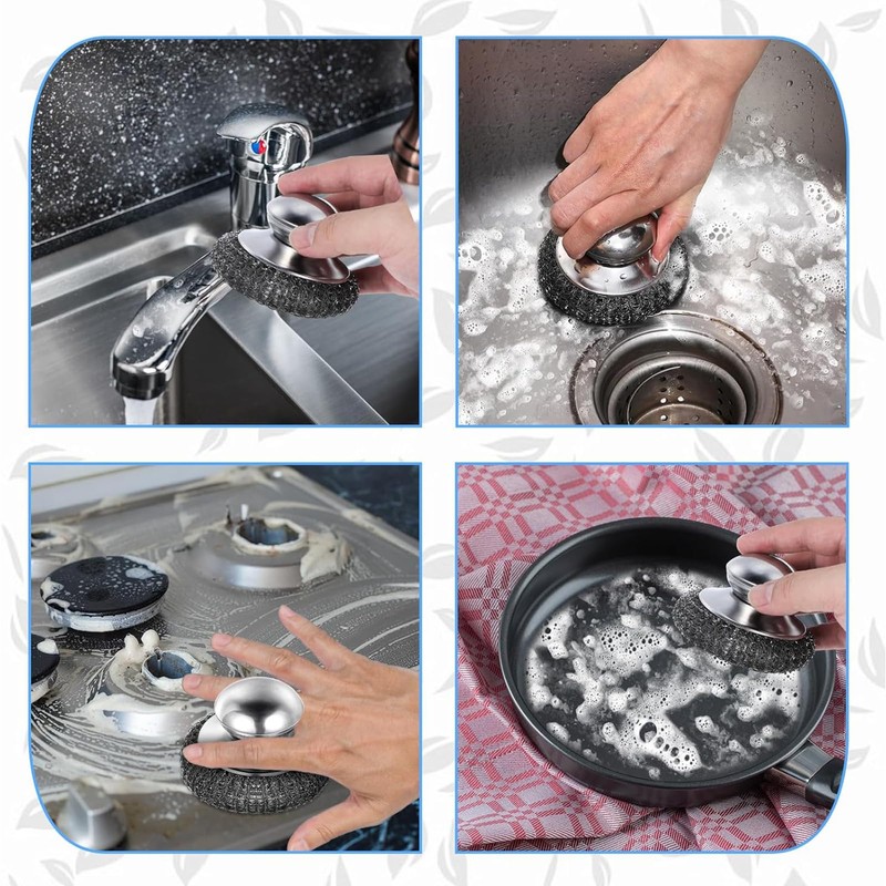 Zalizr 4 Pcs Stainless Steel Scrubber with Handle, Non-Scratch Round