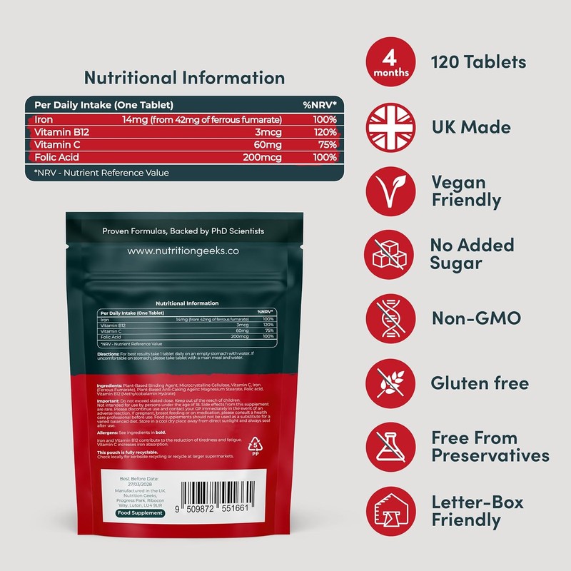 Nutrition Geeks Iron Tablets High Strength - Energy Tablets with