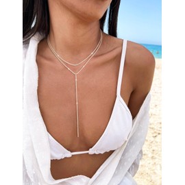 Carffordo Long 14K Silver Plated Necklace for Women- Dainty Lariat Necklace Layered Drop Simple Y-Shaped Chain Stack Wedding Necklace Trendy Jewelry Gift