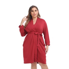 Women Knit Robe Plus Size Kimono Modal Bathrobe Lightweight Maternity Nightwear Comfy Loungewear Soft Sleepwear, Wine 2X
