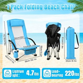 Colingmill 1 Set Low Beach Chair with Umbrella Camping Chair Backpack Folding Recliner Mesh Back with Headrest Cup Holder Carry Bag for Summer Tent Picnics Outdoor Travel Barbecues (Sky Blue)