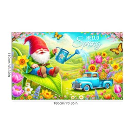 BlissYard Hello Spring Backdrop Banner 70x43 Inch Gnome Colorful Butterfly Flowers Blue Truck Daisy Photography Background for Easter Party Decorations Indoor Outdoor Wall Hanging Photo Props