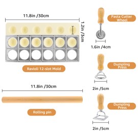 Ravioli Cutter Mold Pasta Dumpling Gnocchi Press Maker Handmade 5 PCS Ravioli Making Tool Kit Pasta Attachment Cutter Wheel Ravioli Stamp w/Wood Rolling Pin