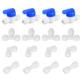 sourcing map 16Pcs Push to Connect Fittings Kit, 1/4" OD x 1/4" OD Air Hose Fittings Tube&Hose&Pipe Quick Connect Fitting (Ball Valve + Straight Coupling + Elbow Union + Tee Union) (6-6mm)