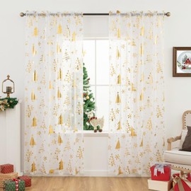 DEARTOWN Christmas Sheer Curtains, Snowflake Gold Foil Print Sheer Curtains, Rod Pocket Window Drapes Xmas Decorations for Bedroom Holiday Party, White/Gold 52 x 63 inch