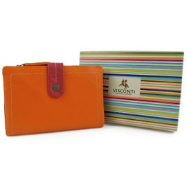 New LADIES LEATHER Soft Tabbed Bi-Fold Purse/Wallet by Visconti; Mimi Gift Boxed (Orange Multi)