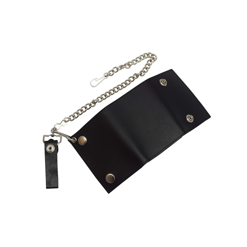 BLACK GENUINE LEATHER Trifold Biker's Wallet ID Card Holder w/Chain