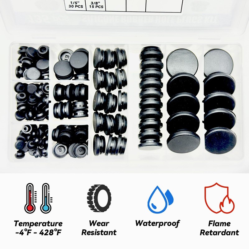 135Pcs Black Silicone Rubber Plugs for Round Holes Grommet Kit,