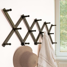 Dseap Accordion Wall Hanger:16'' High Wooden Wall Expandable Coat Rack, Hat Rack for Wall,Accordion Hook for Baseball Caps,Coats,14 Peg Hooks,Dark Walnut
