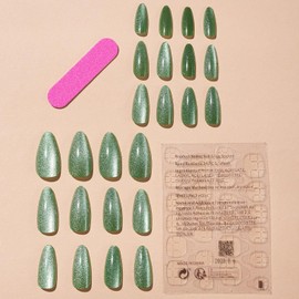 Cat Eye Press on Nails Medium Almond SWEKKE Fake Nails Green Full Cover Solid Color Glue on Nails Flash Green Glossy False Nails with Nail Glue Acrylic Manicure Artificial Nails for Women Girls 24Pcs