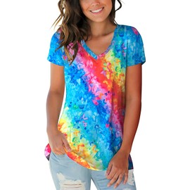 Womens Tie Dye Shirts Butterfly Color Gradient Print V Neck Tshirt Summer Casual Rainbow Short Sleeve Tee Tops