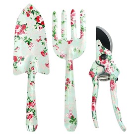 Garden Tools Set Garden Shovel 3Pcs Gardening Gifts for Women Gardening Tools Set with Floral Print Heavy Duty Garden Tool Including Trowel, Pruner, Hand Rake Ladies Gardening Gift Set