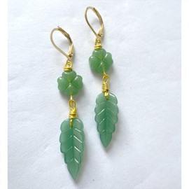 14K Gold Real Genuine Natural Dongling Jade Crystal Quartz Gemstone Lucky Four-Leaf Clover Leaf Leverback Hoop Drop Dangle Earrings Jewelry for Women (B01_Green)