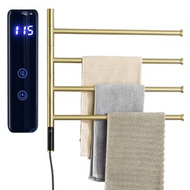 TRUSTMI Swivel Towel Warmer Rack with Built-in Timer and Temperature Indicator 4 Arm Swing Bathroom Wall Mounted Plug-in Electric Towel Heated Rack, Brushed Gold