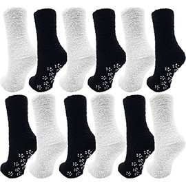Fuzzy Socks, 12 Pairs Womens Girls, Non-Skid Gripper Bottom Warm Winter Holiday Slipper Bulk Pack