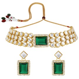 Aheli Ethnic Choker Necklace Earrings Wedding Bollywood Party Jewelry Set for Women (Green Square-Three Layered)