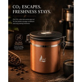 Leaf Airtight Stainless Steel Coffee Canister 1500 ml - with CO₂ Valve for Longer Freshness & Less Aroma Loss - Coffee Jar with Date Display & Measuring Spoon - Copper Design