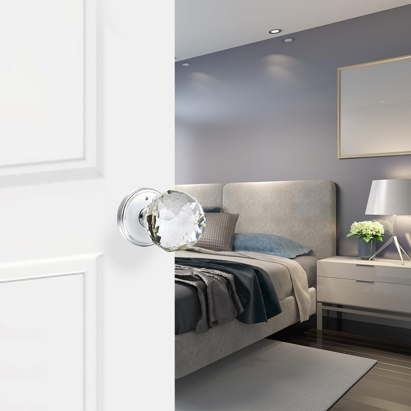 CLCTK Crystal Glass Door Knobs Interior with Lock, Round Bathroom
