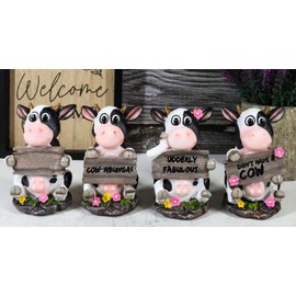 Ebros Gift Whimsical Western Farm Animals Bovine Holstein Cows Figurine Set of Four 3.75" H Holding Funny Faux Wooden Plank Signs Bull Cow Collectible Sculptures