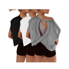 Womens 3 Pack Open Back Tops Casual Short Sleeve Workout Shirts Y2k Crop Athletic Tops Gym Yoga Running Tees(Black&White&Grey,M)