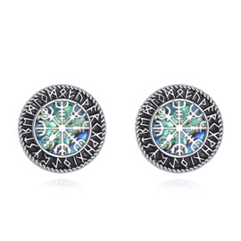 Viking Stud Earrings S925 Sterling Silver Abalone Compass Earrings Viking Runes Jewelry For Women Men Female Male