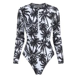 ZAFUL Women's Long Sleeve Rash Guard Swimsuit One Piece Zipper Surfing Bathing Suit Black Tree S
