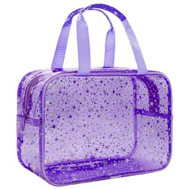 Junesters Clear Purple Star Large Makeup Bag with Star Pattern 12x5x8 inch, Travel Cosmetic Bag with Handle, Durable PVC Material Washbag Zipper Opening Design for Makeup Travel Organizer or Gym Use