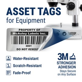McAuley Labels Asset Tags for Equipment - Custom Inventory Stickers - Heavy Duty Metalized Polyester, Stronger Adhesive - Barcode Label - 2x1