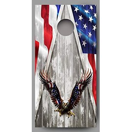 Lets Print Big Bald Eagle American Flag Wings on Wood Grain Cornhole Decal Wraps