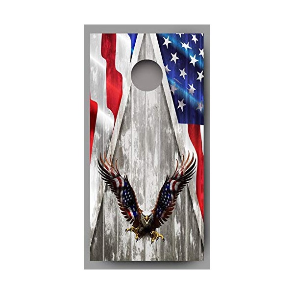 Lets Print Big Bald Eagle American Flag Wings on Wood Grain Cornhole Decal Wraps
