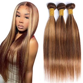 QEUOPE P427 Highlight Straight Bundles Human Hair Ombre Two Tone Blonde Mixed With Brown Bundles Double Weft Brazilian Hair Extensions for Women 12 14 16 inch