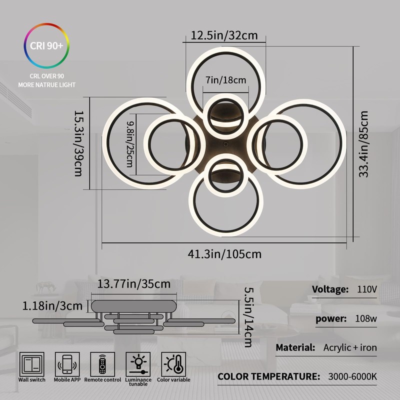Shine LUEST Modern Ceiling Light, 41.3'' Dimmable LED Black Flush