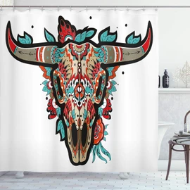 Ambesonne Occidental Cortina de Baño, Cráneo del Búfalo Mexicanos del Azúcar, Paño Conjunto de Decoración de Baño de Tela y Ganchos, 84" Extra Alta, Turquesa Naranja Gris Pardo