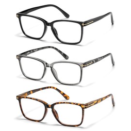 Kafirlo 3 Pack Square Reading Glasses for Men and Women, Blue Light Blocking Premium Eyeglasses Computer Readers with Spring Hinge & Cross Metal,+1.50