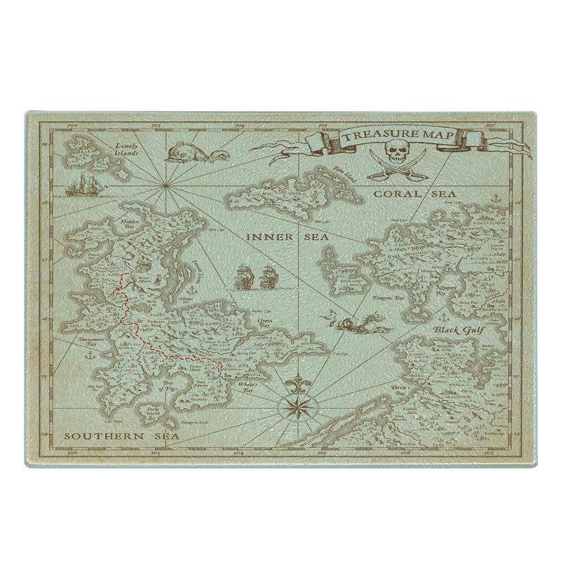 Lunarable Island Map Cutting Board, Detailed Treasure Map with Unique