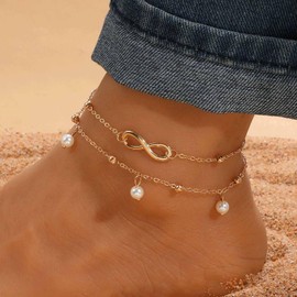 Cimenexe Bohemian Layered Pearl Ankle Bracelet Gold Figure Eight Infinity Anklets Pearl Station Box Anklet Friendship Infinity Foot Chain Anklet Summer Beach Foot Chain Jewelry for Women