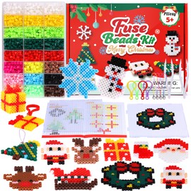 Pllieay Christmas Fuse Beads Kit, 5MM Melty Beads Set, Iron Melting Beads with Pegboards,Ironing Paper and Keychain Accessories, Arts and Crafts Set for Kids Boys Girls Christmas Birthday Gift