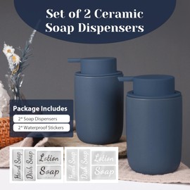 INGOFIN Ceramic Foaming Soap Dispenser Set, 2 Pack (12 oz) Bathroom Foam Hand Soap Dispenser with Pump, Hand and Dish Soap Dispenser Set with 8 Pcs Clear Stickers,for Kitchen- Matte Blue
