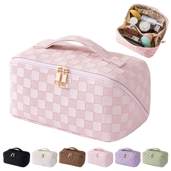 MINGRI Large Capacity Travel Makeup Bag for Women, Cosmetic Bag Travelling PU Leather Toiletry Bag Waterproof,Multifunctional Storage Travel Toiletry Bag Skincare Bag (Pink)