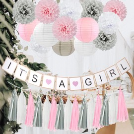 Baby Shower Decorations for Girl (Pink, White, Grey)- It's A Girl Banner, Tissue Paper Poms, Paper Lanterns and Tassels Garland- Baby Girl Gender Reveal Birthday Party Decorations