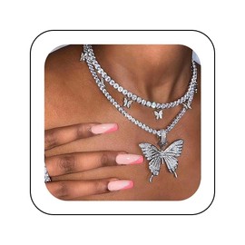EARENT Layered Rhinestone Butterfly Pendant Necklace Jewelry Silver Sparkly Crystal Prom Choker Necklaces Chain for Women (B-2 layer necklace)