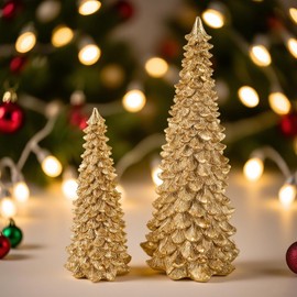 JOJOCY - 2 estatuas de árbol de Navidad, árboles de resina de Navidad con purpurina de 9.5 pulgadas, decoración de mesa para chimenea, centro de mesa, decoración artificial de Navidad y día festivo